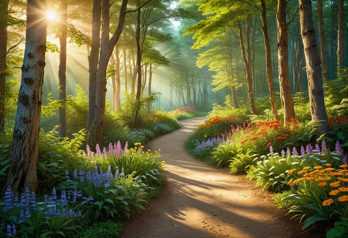 A vibrant pathway winding through a lush green forest, illuminated by warm sunlight filtering through the trees, representing a journey of personal growth and joy. Include symbolic elements like a sun rising in the distance, birds in flight, and colorful flowers along the path. People of diverse backgrounds walking and smiling, embodying empowerment and connection. super-realistic. vibrant colors. nature-themed.