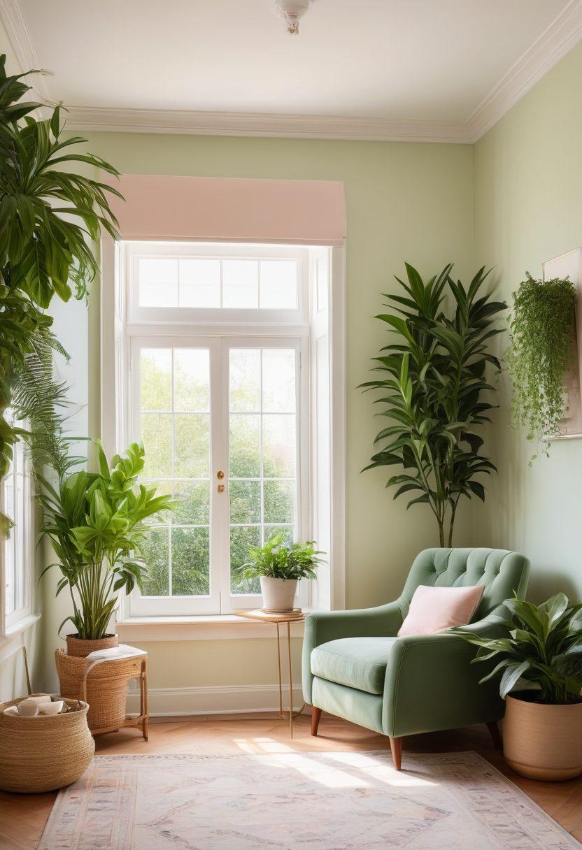 A serene scene depicting a cozy corner with a soft armchair, surrounded by plants and natural light. A person with a peaceful expression is engaged in self-care activities like journaling and sipping tea, with uplifting quotes on the walls. Incorporate soft pastel colors to evoke calmness. super-realistic. vibrant colors.