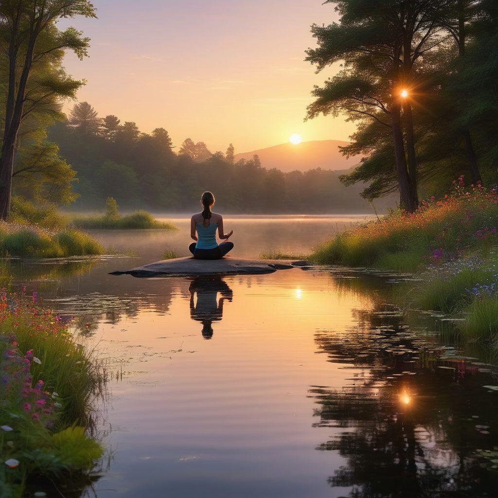 A serene landscape featuring a peaceful sunrise over a tranquil lake, with silhouetted figures practicing yoga on the shore. Surround them with lush greenery and colorful wildflowers, symbolizing personal growth. Include soft, glowing light emanating from the sun, representing joy and mindfulness. super-realistic. vibrant colors. ethereal atmosphere.